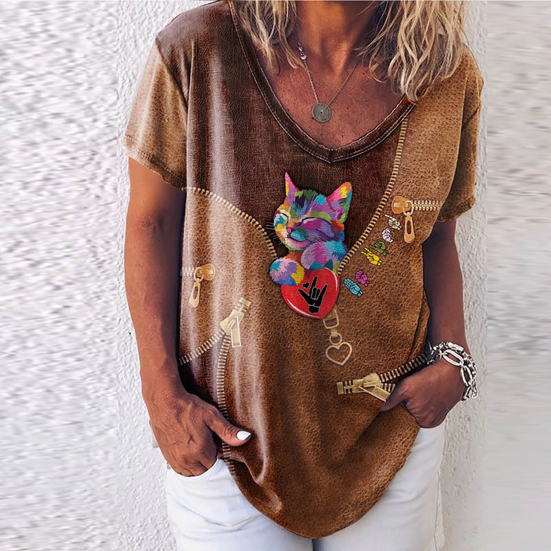 round Neck Animal Print T-shirt Loose Top