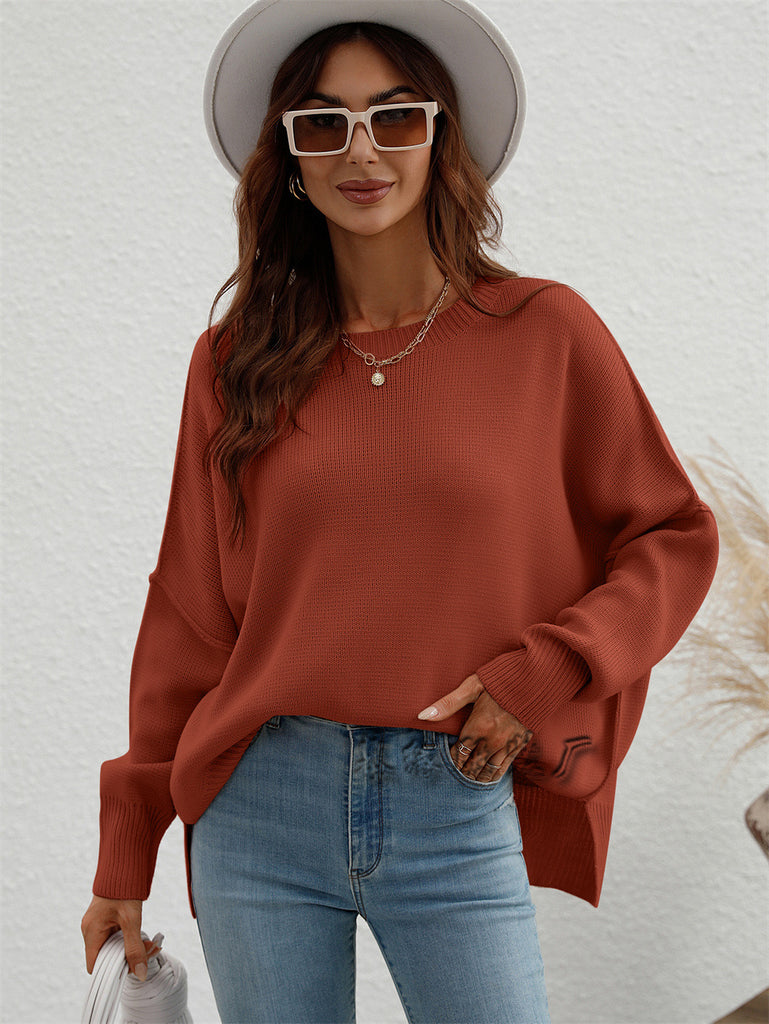 Women's Fashion Women's Wear round Neck Knitted Loose Split Pullover Sweater