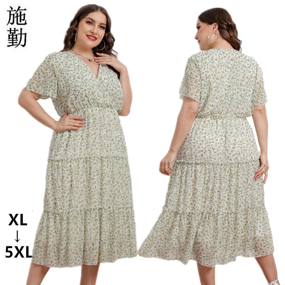 Fat Girl V-neck Floral Short Sleeve Chiffon Dress