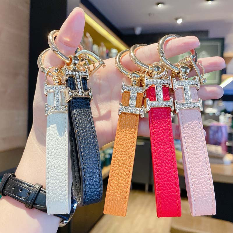 Diamond-Embedded H Genuine Leather Car French Keychain Personality Creative Bag Pendant Key Chain High-End Fashion Small Gift