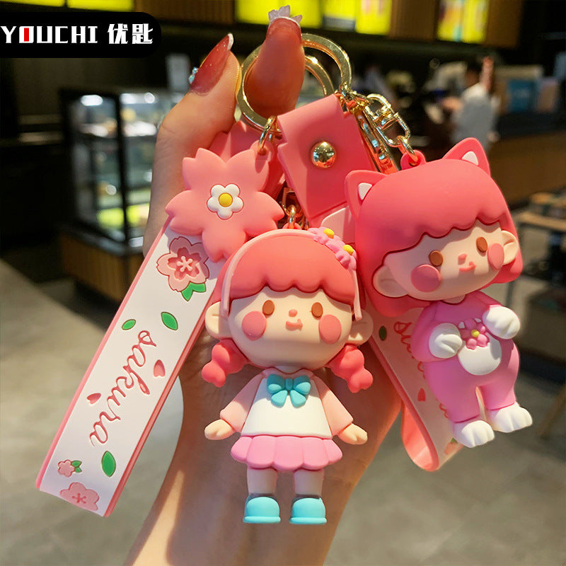 Japanese Style Pink Girl Car Key Ring Pendant Girl Heart Keychain Female Cute Schoolbag Pendant Key