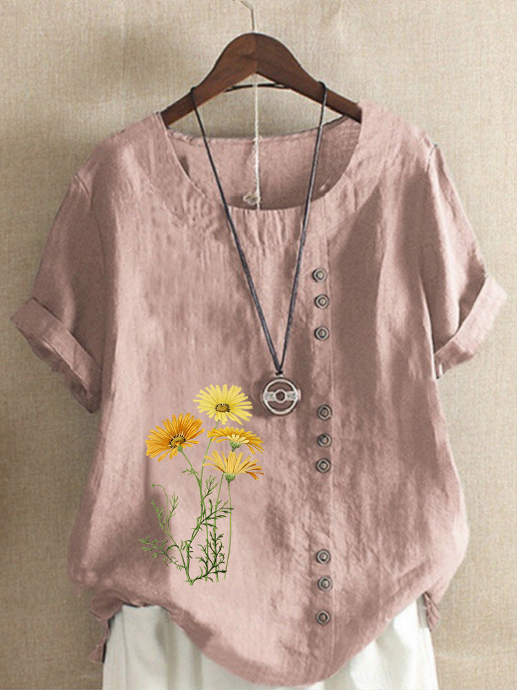 Cotton and Linen New Hot Flower Series Printed Loose round Neck T-shirt for Women