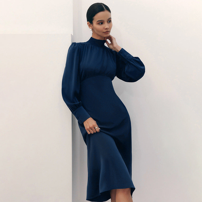 Turtleneck Long Sleeve Commuting Elegant Midi Dress High Waist Cocktail Dress A- line Dress