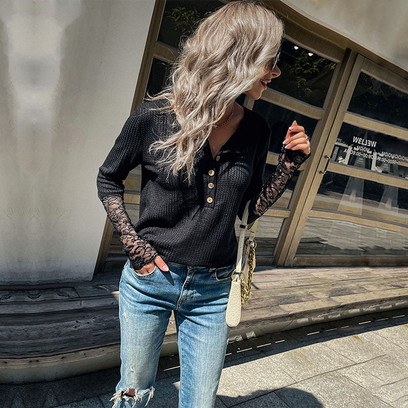 Early Autumn European and American Style Casual Women's Wear Long-Sleeved Lace Bottoming Black Sweater