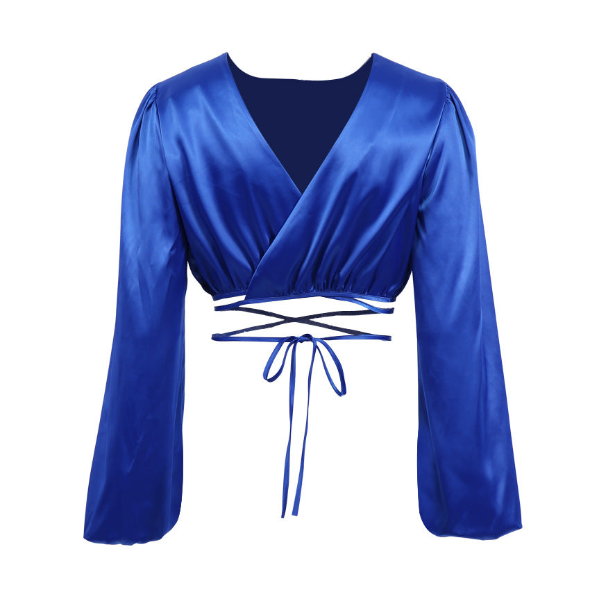 Klein Blue Short Satin Shirt Navel Shirt Front and Back Wearable Design