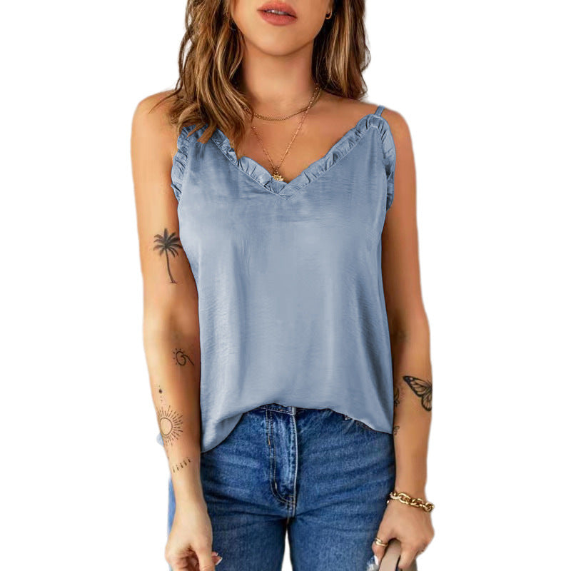 Ruffled Spaghetti-Strap Camisole Top Chiffon Shirt