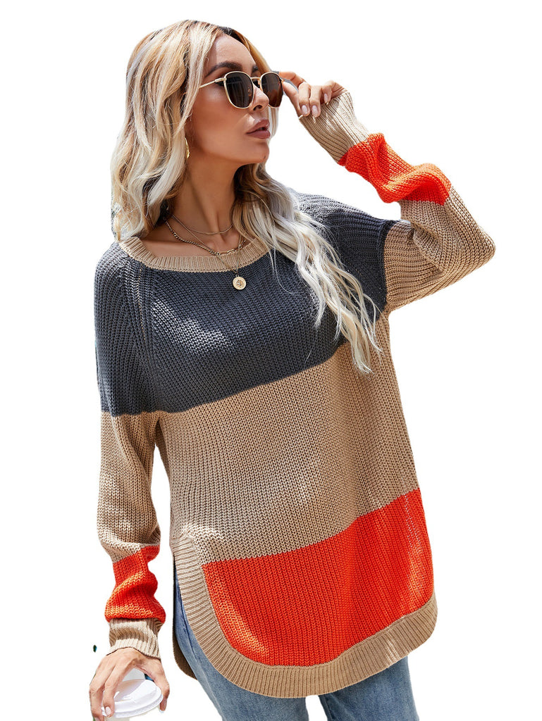 Autumn and Winter New Mid-Length High Slit Contrast Color Pullover