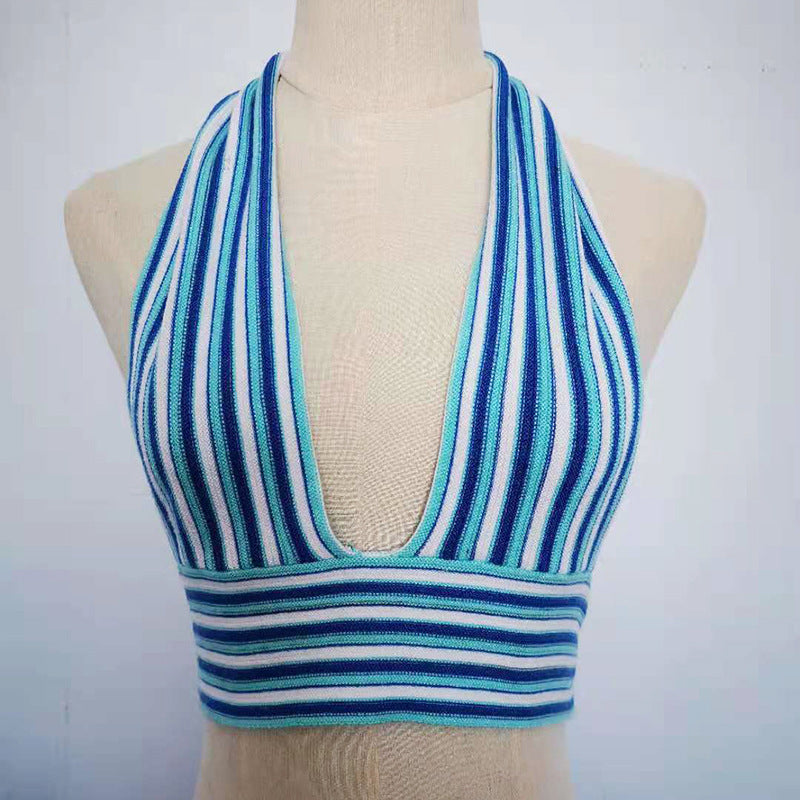 Contrast Color Halter Tied Top Sexy Backless Knitted Sling