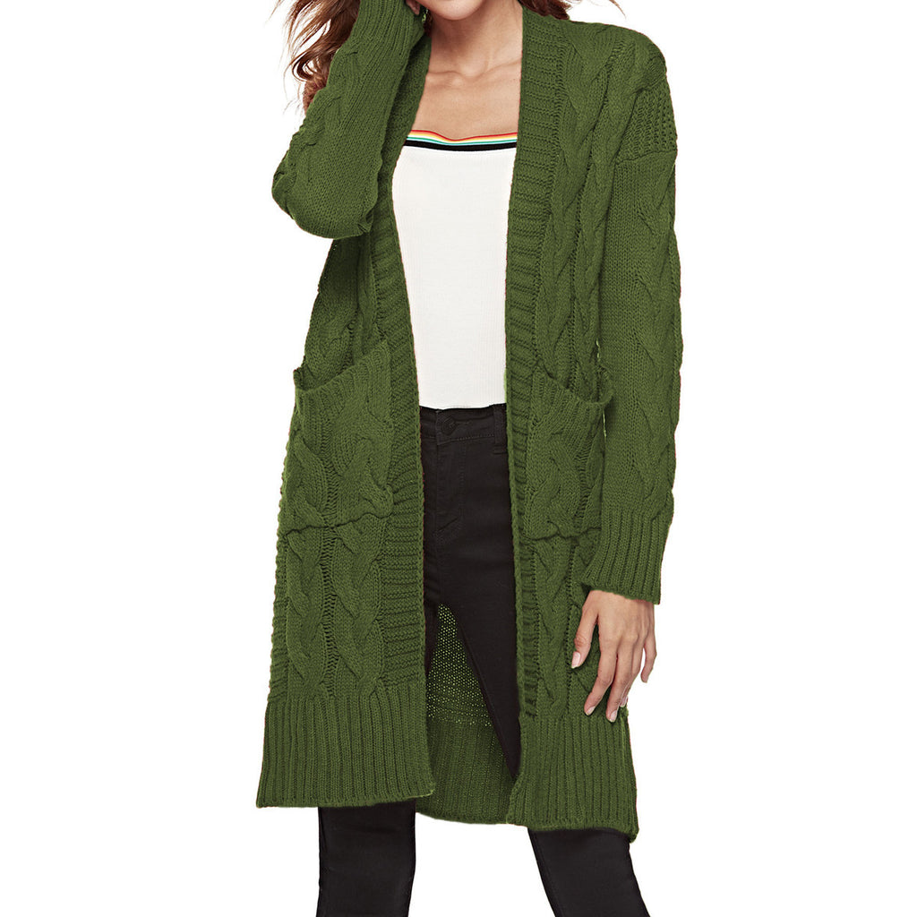 Mid-Length Hemp Pattern Cardigan Sweater Coat