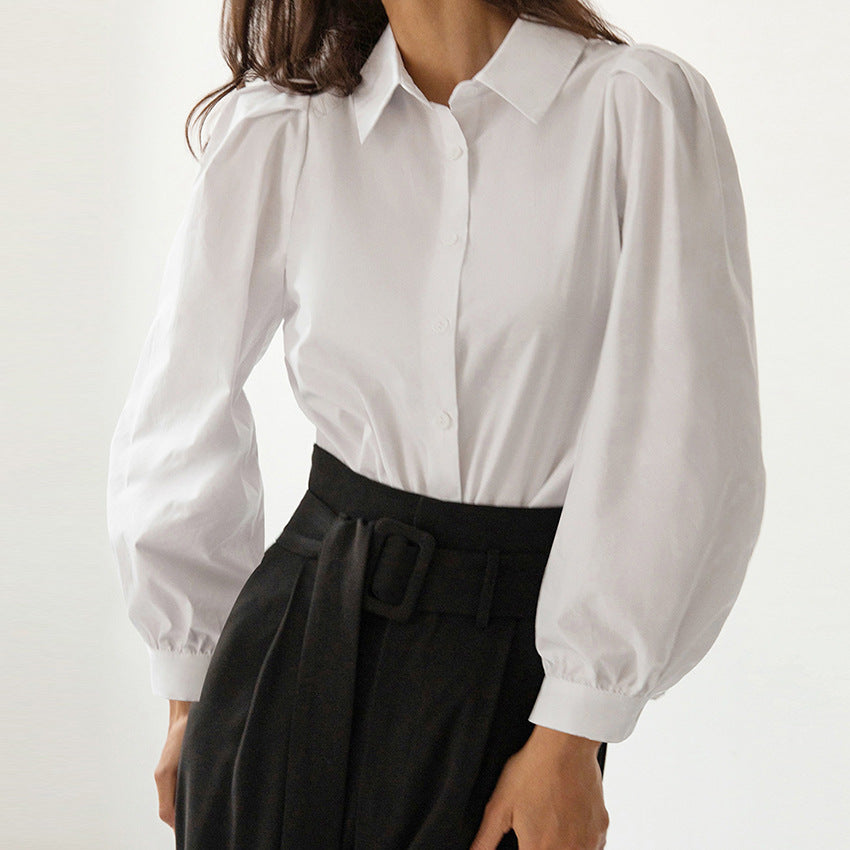 Pure Cotton French Commuter White Shirt Puff Sleeve Top All-Matching Shirt Professional Cardigan Women's Clothes