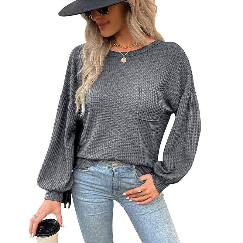 European and American Leisure Top Gray Long Sleeves Backless Hollow Sweater Women's Autumn