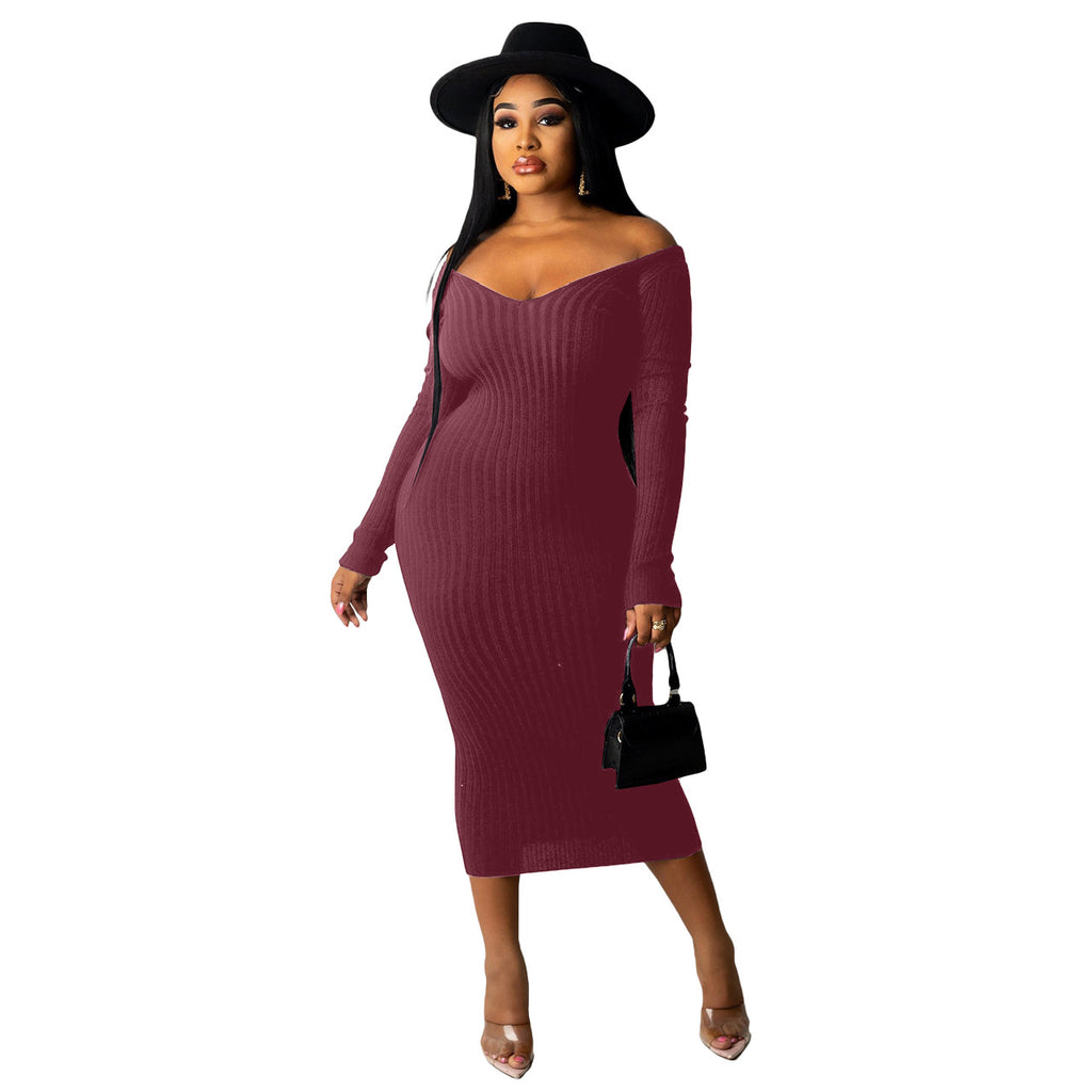 European and American Fashion Big Pit Knitted Low Collar off-the-Shoulder Slim Dress
