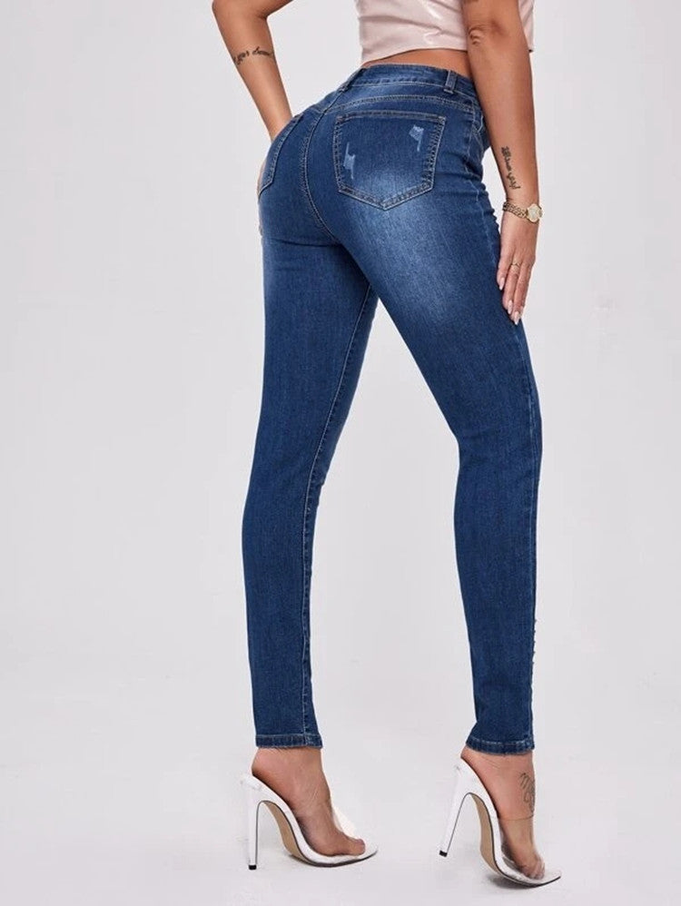 Amazon Hot Bifurcated Rivet Beads Slim Fit Patchwork High Waist Stretch Jeans Women's Trousers