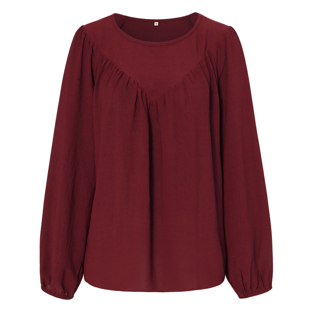 2022 Early Autumn New Top Women's Solid Color round Neck Pullover Shirt Loose Shirt