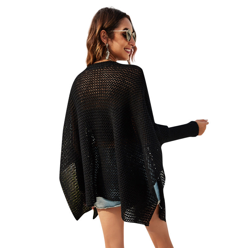 Women's Loose Hollow Sweater Crew-Neck Batwing Sleeve Pullover Knitting Blouse