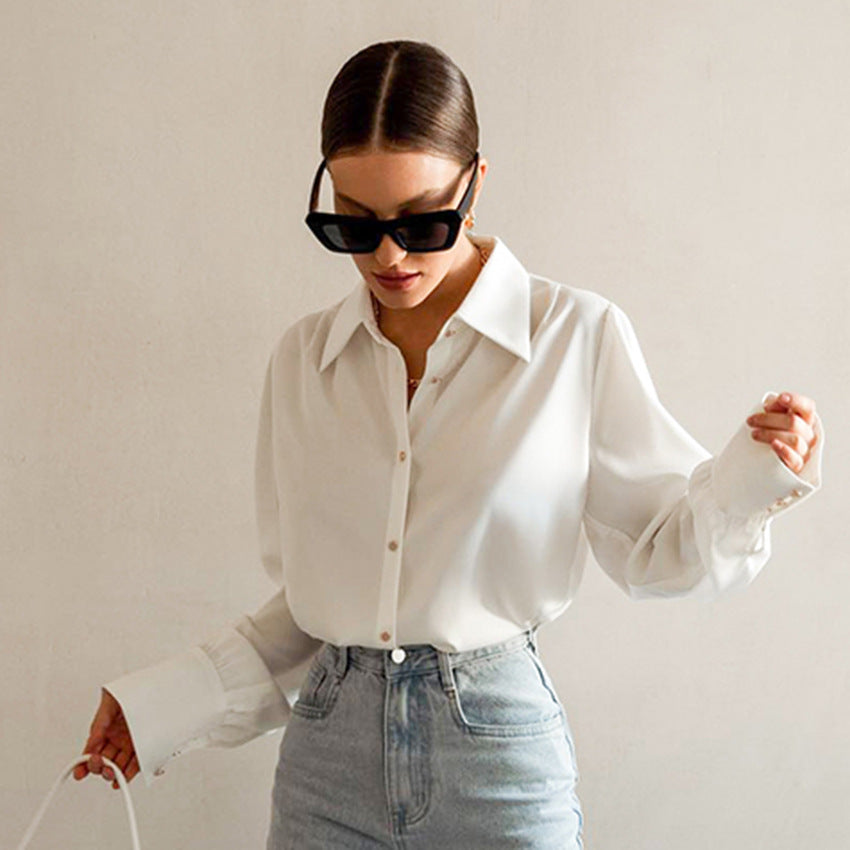 White with Lapel Shirt High-End Non-Ironing Anti-Wrinkle Commuter Versatile Long Sleeve Shirt Women