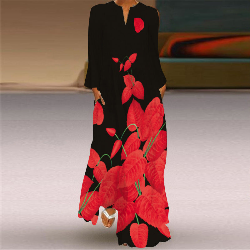Women's Vintage Butterfly Print Long Dress V-neck Long Sleeve Pocket Summer Dress