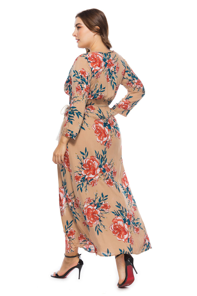 Printed Dress Bohemian V-neck 3/4 Sleeves Long Dress