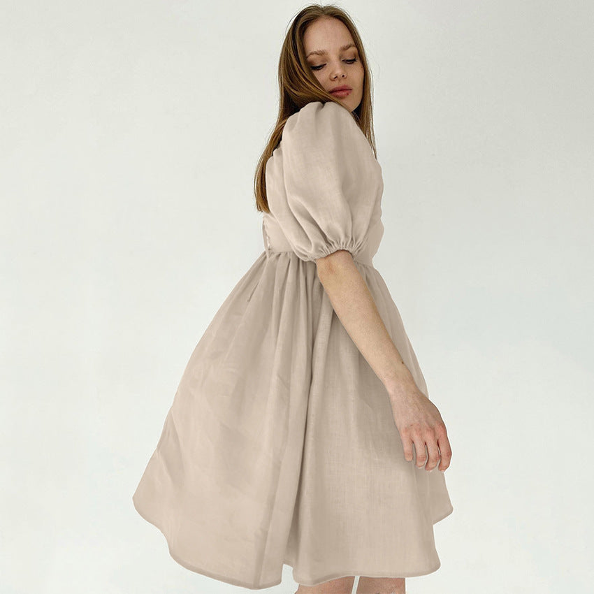 French Ins Fashion Commuter Casual Women's Bubble Sleeve European and American A- line Dress Cotton and Linen Dress