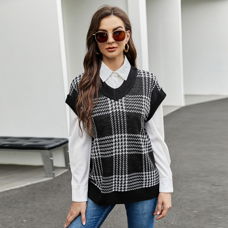 Casual Loose V-neck Sleeveless Knitted Vest Plaid Knitted Vest Sweater