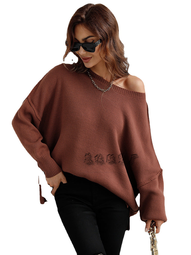 Women's Fashion Women's Wear round Neck Knitted Loose Split Pullover Sweater