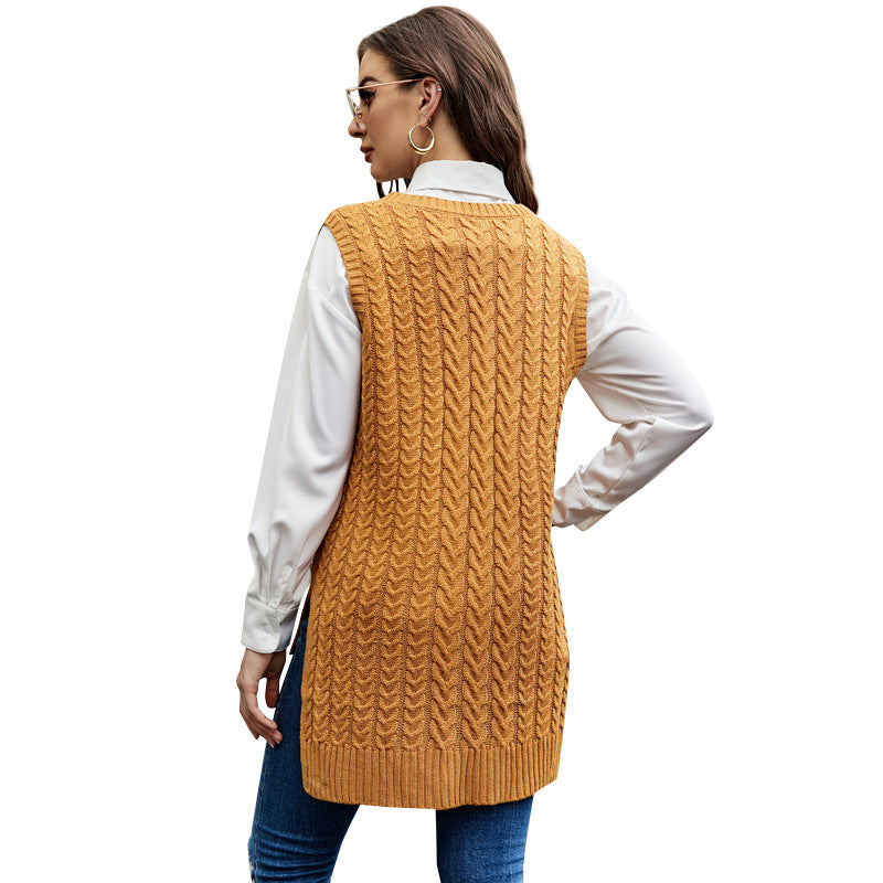 Pullover Slit Knitted Vest Front Short Back Long V-neck Sleeveless Knitted Vest for Women