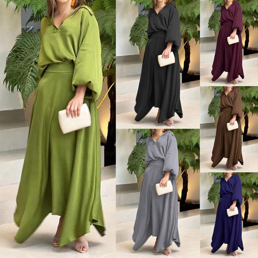 Loose-Fitting Solid Color Long Sleeves Top High Waist Long Skirt Suit