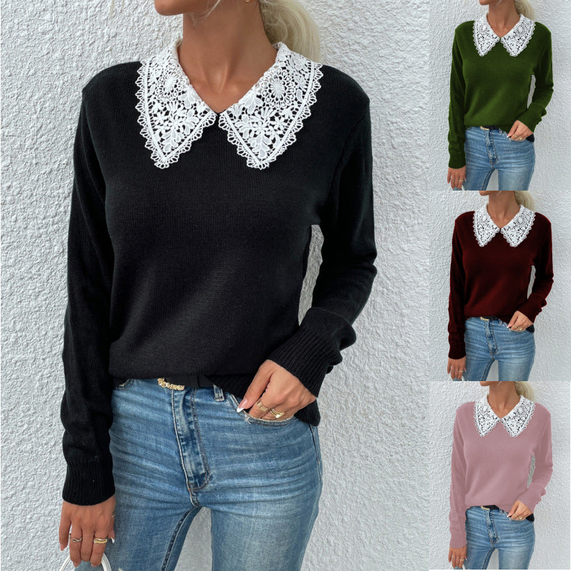 Autumn and Winter New Knitwear Lace Collar Colored Pullover Sweater