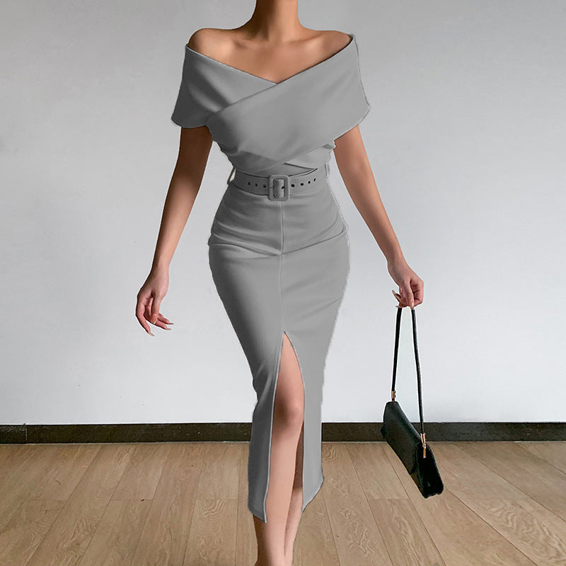 Elegant Graceful Commute Minimalist Young off-the-Shoulder Belt Dress with Vents