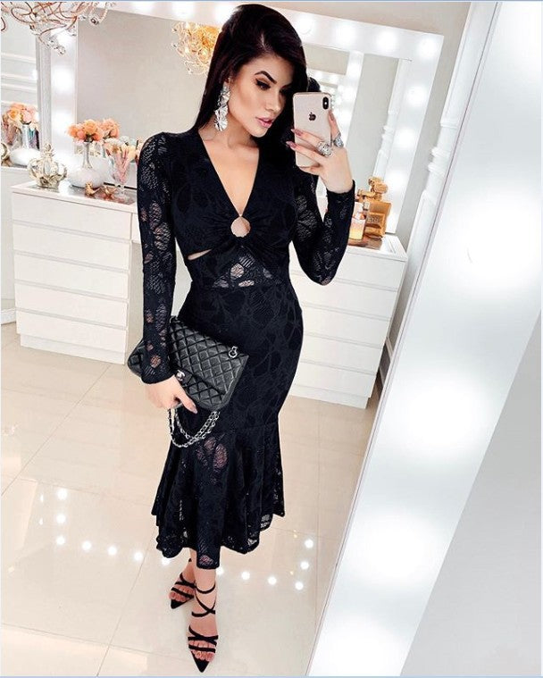 Sexy Deep V See-through Pencil Skirt Lace Midi Dress