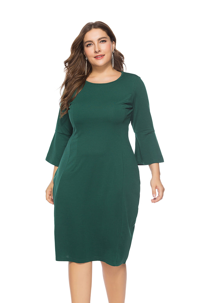 round Neck Slim-Fit Flared Sleeves Midi Dress