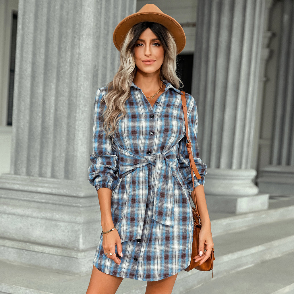 2022 autumn and winter new European and American women's clothing single-breasted fashion plaid bandage waist dress women
