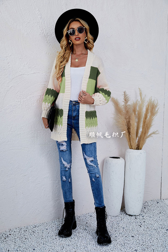 Fashion Women's Wear Sweater Cross-Border Color Contrast Patchwork Mid-Length Loose Knitted Cardigan Coat
