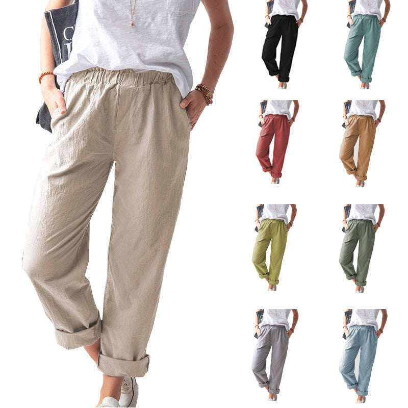 Solid Color Casual Elastic High Waist Straight-Leg Pants Women