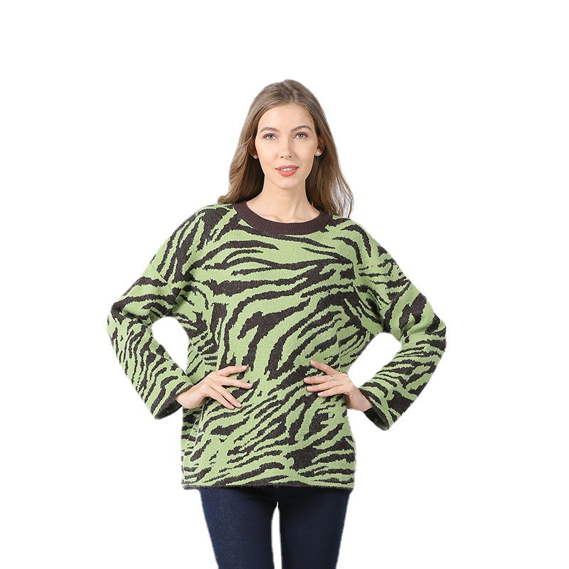 Zebra Print Sweater Women's Loose Outer Wear Idle Style round Neck Pullover Sweater Fashion