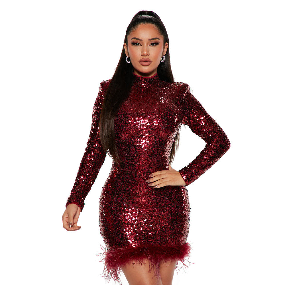 Hip Skirt Long Sleeve round Neck Sequins Feather Party Gathering Dress