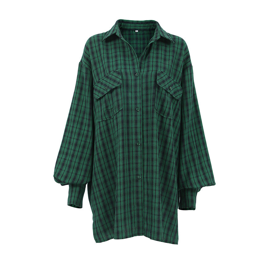 American Retro Green Plaid Oversized Shirt Niche Loose Long Sleeve Shirt