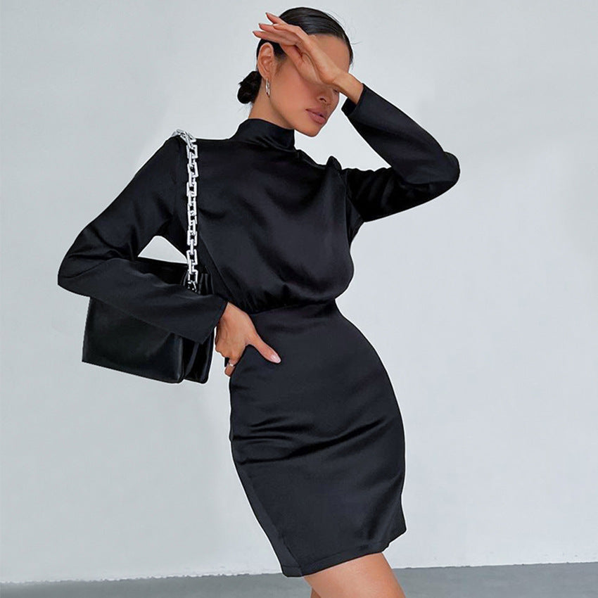 French Backless Turtleneck Dress Commuter Bow Black Dress Dress Satin Ice Silk