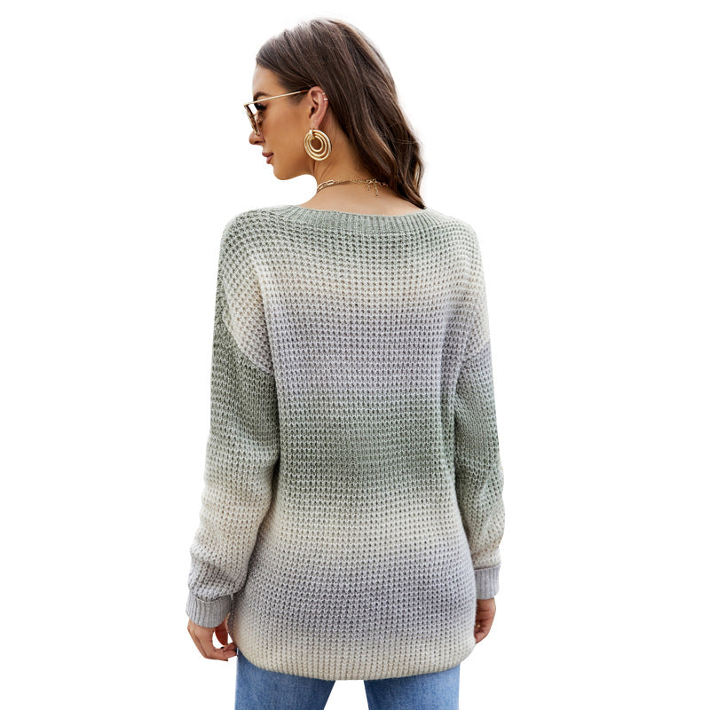 Women's Long-Sleeved Loose Knitted Top, European and American Fashionable Gradient Pullover Sweater