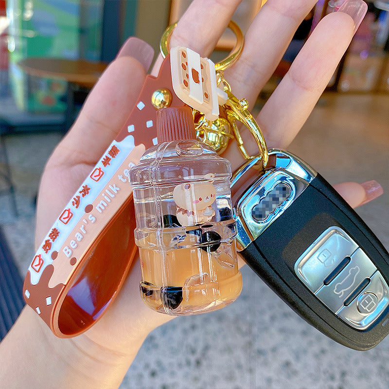 Creative Cartoon Oil-Filled Bubble Tea Keychain Cute Exquisite Car Key Chain Couple Bags Pendant Gift