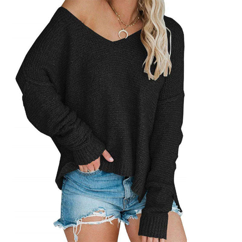 Women's off-the-Shoulder Knitted Sweater Oversized Long Sleeve Sexy V-neck Loose Pullover