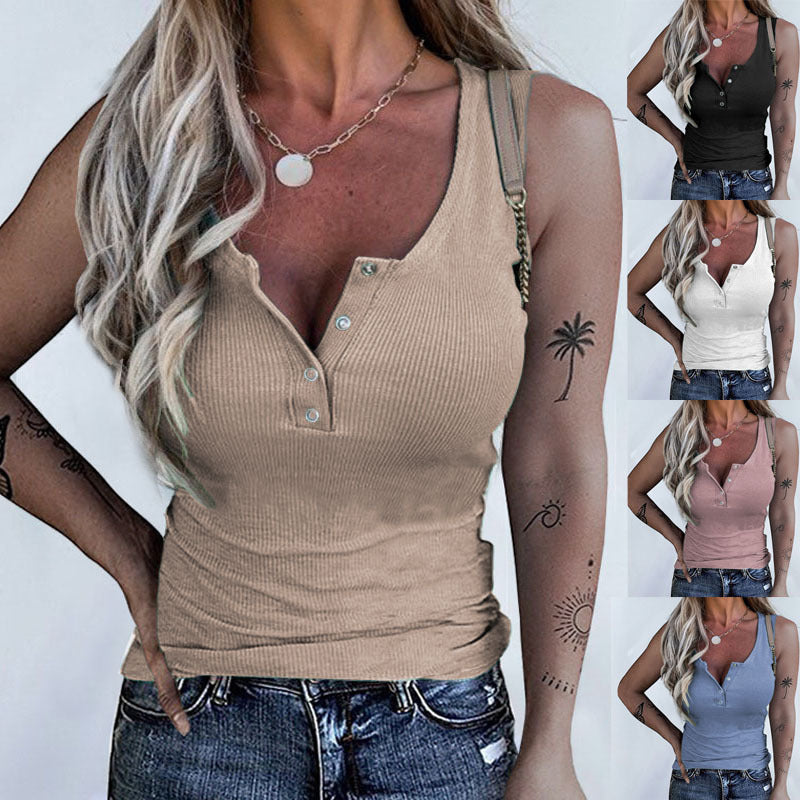 Threaded Button Slim Vest Top T-shirt