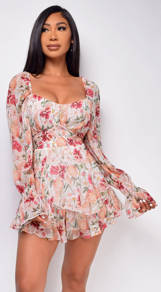 Jumpsuit New Floral Women's Sexy Backless Fashion Square Collar Long Sleeve European and American Ruffled Shorts Fashion