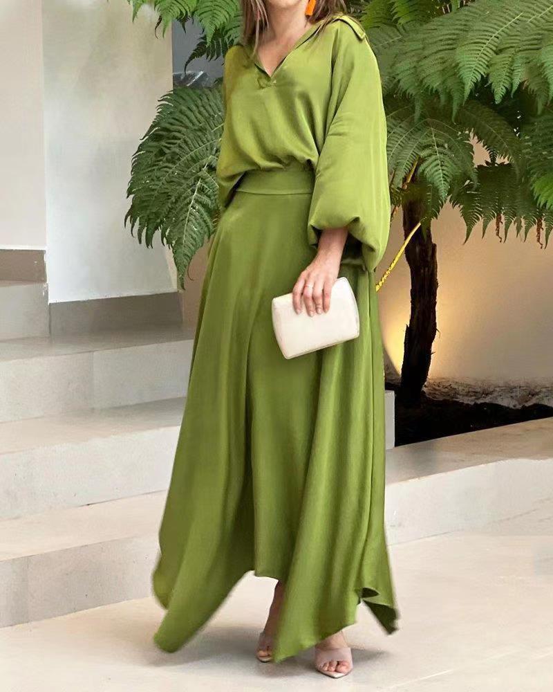 Loose-Fitting Solid Color Long Sleeves Top High Waist Long Skirt Suit