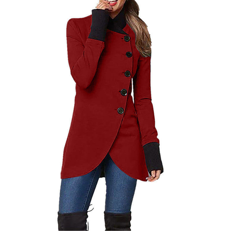 Autumn and Winter Solid Color Single-Breasted Stitching Slit Hemline at Hem Long-Sleeved Coat