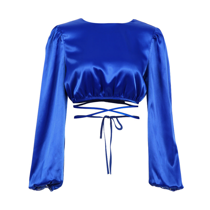 Klein Blue Short Satin Shirt Navel Shirt Front and Back Wearable Design