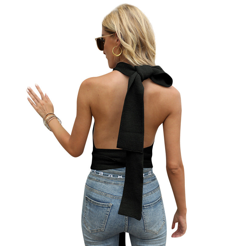 Amazon AliExpress European and American Women's Clothing Variety Halter Knitted Sling Sexy Backless Solid Color Vest