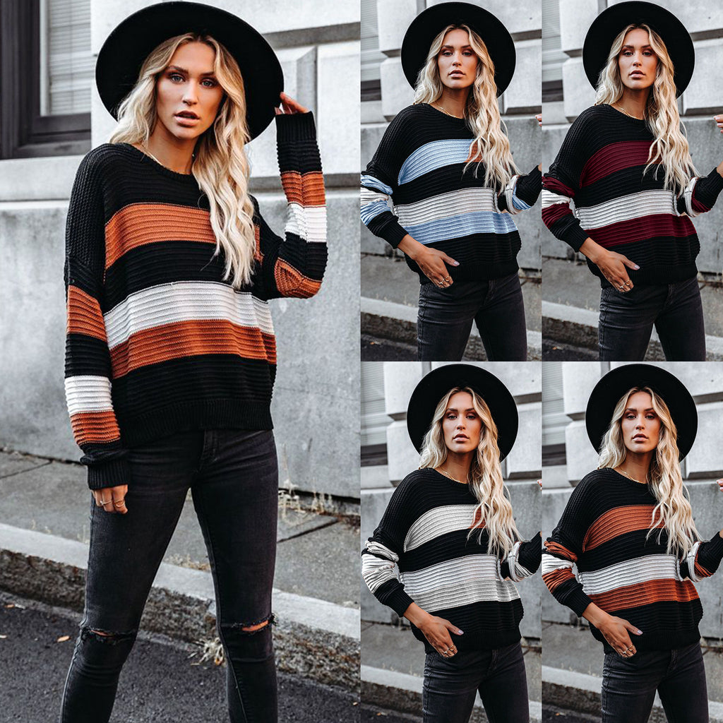 Large Size round Neck Striped Sweater European and American Stitching Pullover Long Sleeve Sweater Women's Clothing