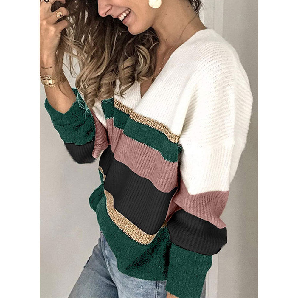 Online Influencer Fashion Pullover Patchwork V-neck plus Size Knitted Sweater for Women