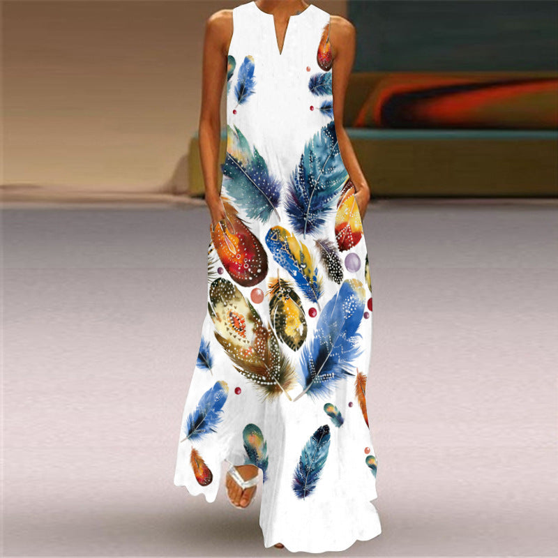 Sexy Digital Printed V-neck Sleeveless Dress Pocket European and American Style Dress
